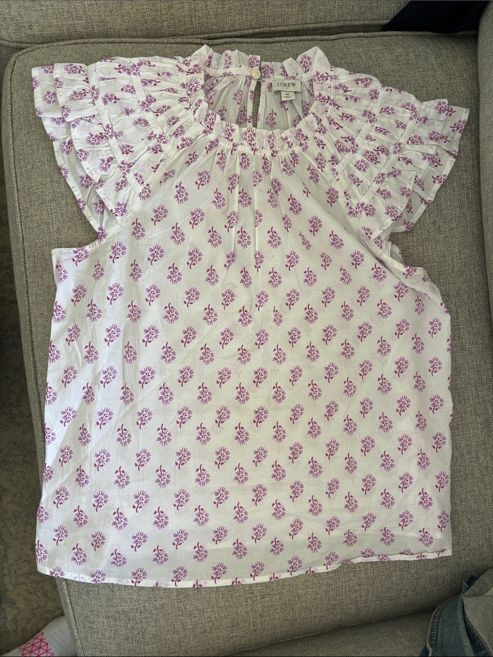 J. Crew White Sleeveless Ruffle-Shoulder Top with Lavender Floral Print
